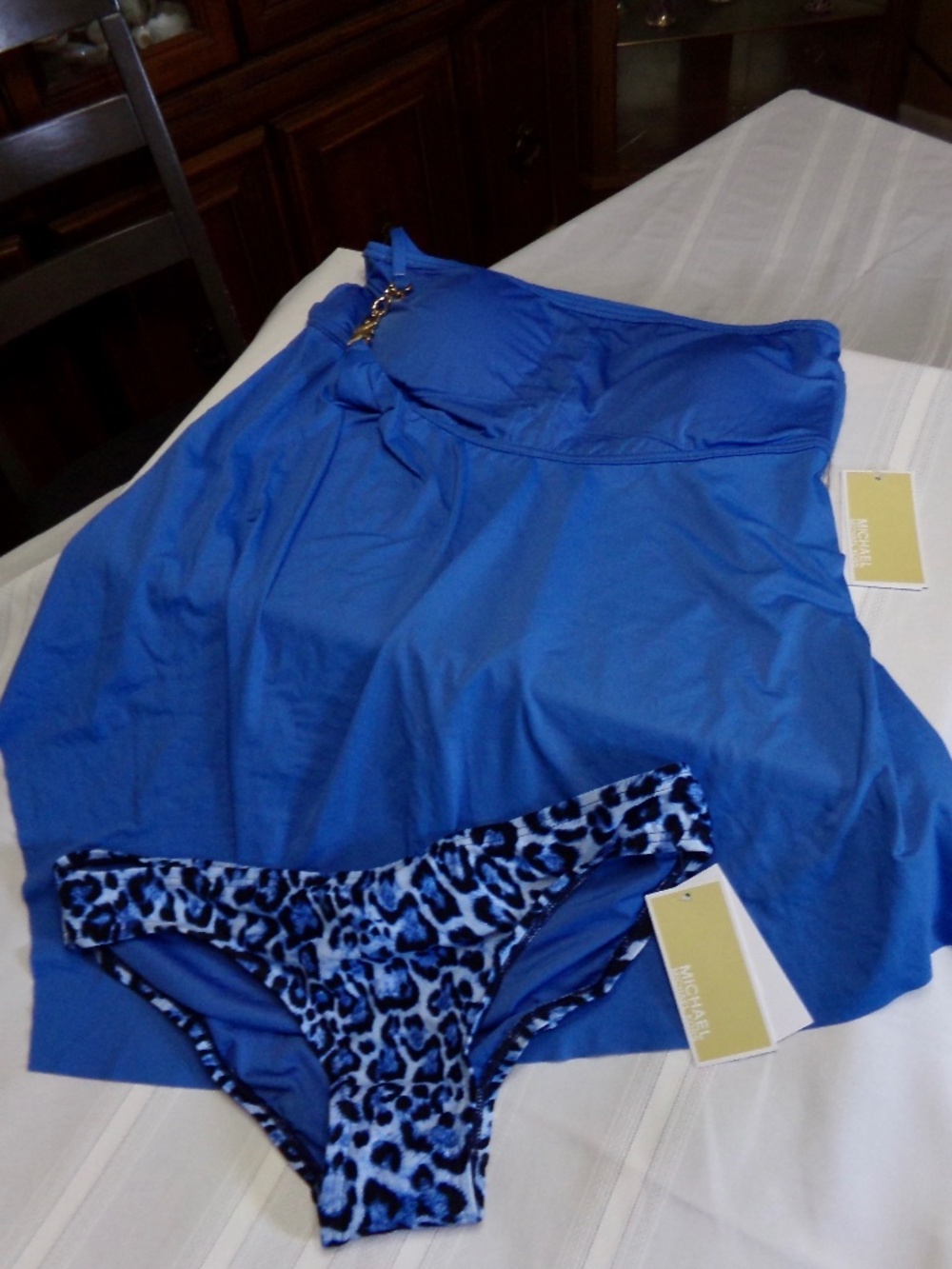 NWT Michael Michael Kors 2Pc 464 Solid Tide Blue Top + 464 Leopard TB Bottom SzM